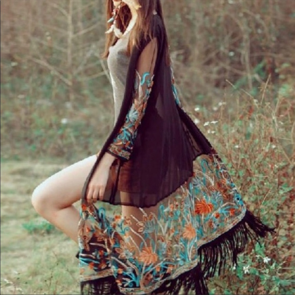 Tasseled Mesh Kimono Black Small